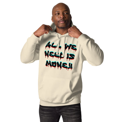 Unisex graffiti hoodie with 3D dripping text – ALL WE NEED IS MONEY design by Hipyfi Clothes & Design. bone-front