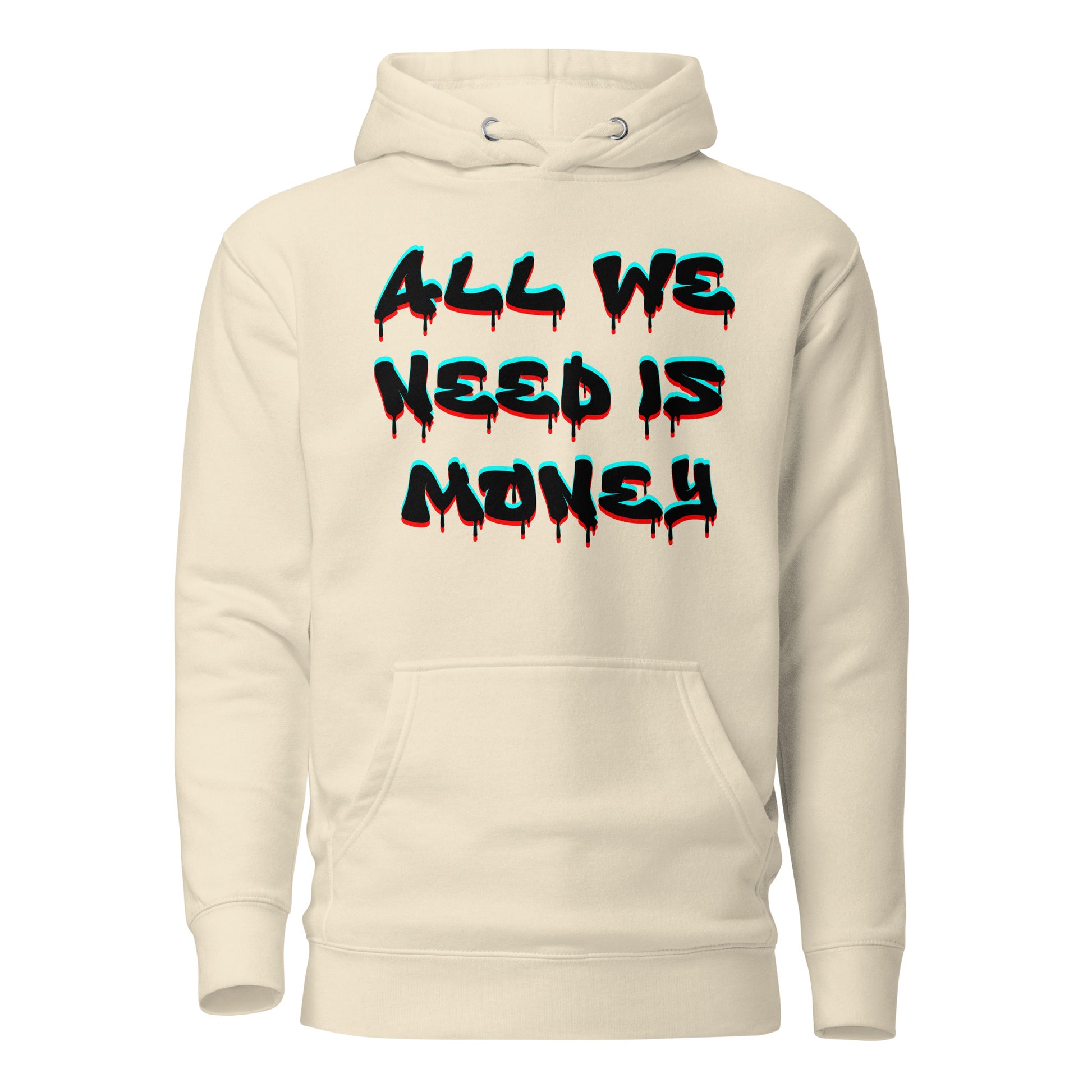 Unisex graffiti hoodie with 3D dripping text – ALL WE NEED IS MONEY design by Hipyfi Clothes & Design. bone-front-2