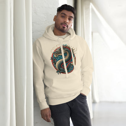 Unisex premium hoodie with Chinese dragon design – streetwear graphic by Hipyfi Clothes & Design. bone-front