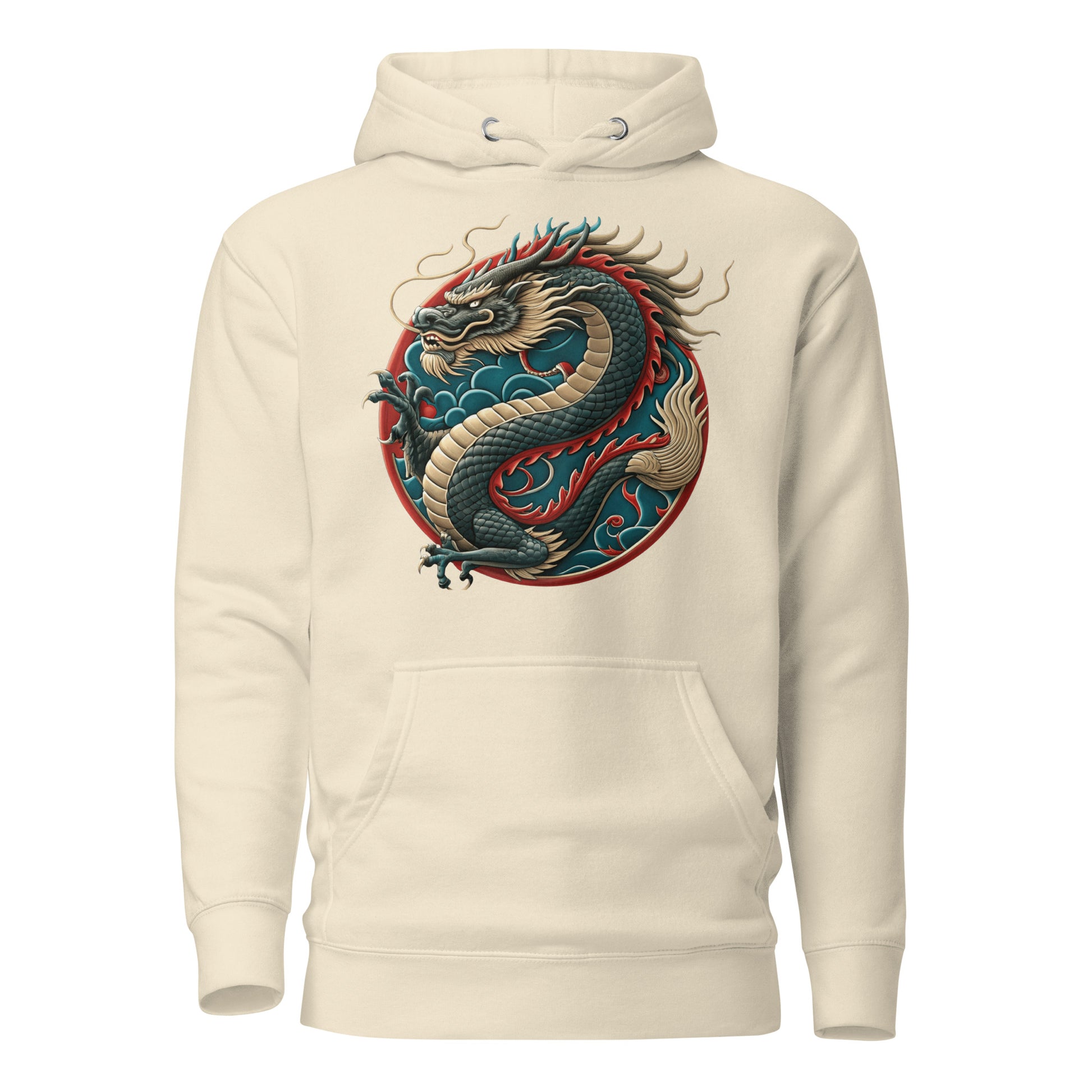Unisex premium hoodie with Chinese dragon design – streetwear graphic by Hipyfi Clothes & Design. bone-front-2