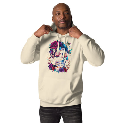 Unisex Skull & Roses Hoodie with Colorful Floral and Butterfly Graphic – Día de los Muertos Streetwear by Hipyfi Clothes & Design. bone-front