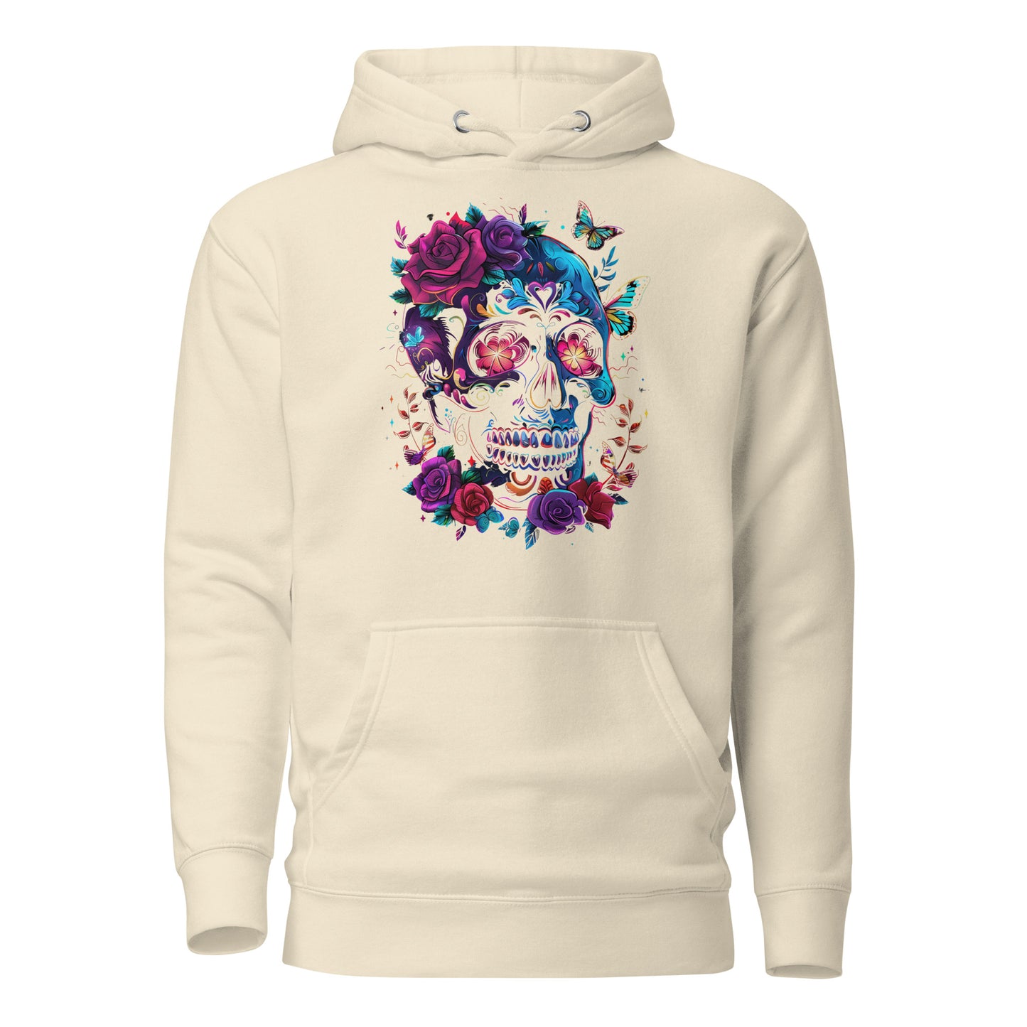 Unisex Skull & Roses Hoodie with Colorful Floral and Butterfly Graphic – Día de los Muertos Streetwear by Hipyfi Clothes & Design. bone-front-2