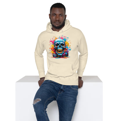 Blue Skull Splash Unisex Streetwear Hoodie by Hipyfi – Digital Art and Graffiti Style. bone-front
