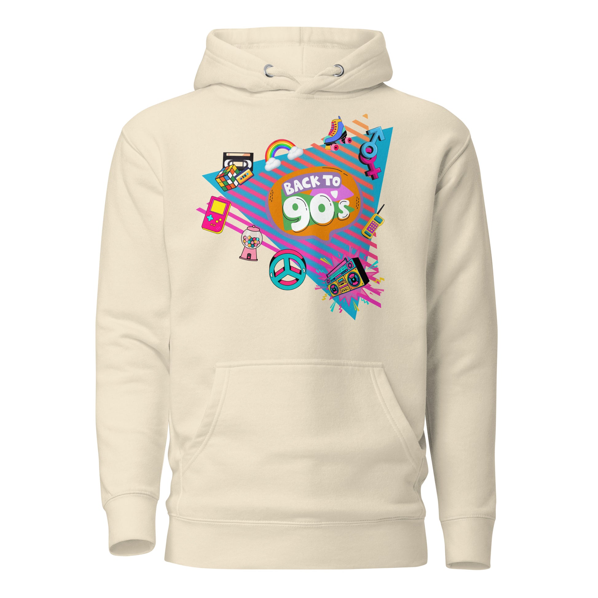 Back to 90s retro unisex graphic hoodie with colorful vintage design – Hipyfi Clothes & Design. bone-front-2