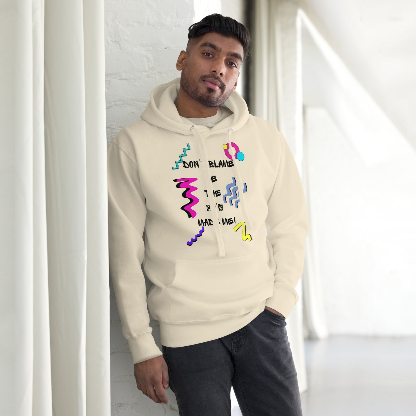 Retro 80s unisex graphic hoodie with colorful abstract design – Don’t Blame Me slogan by Hipyfi Clothes & Design. bone-front