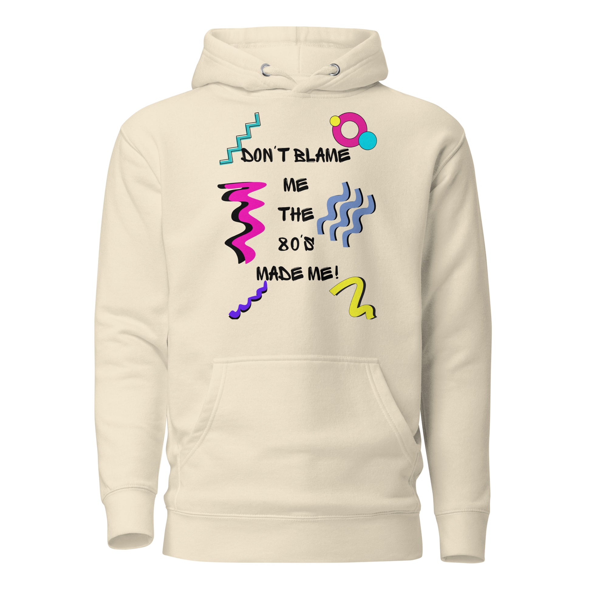 Retro 80s unisex graphic hoodie with colorful abstract design – Don’t Blame Me slogan by Hipyfi Clothes & Design. bone-front-2