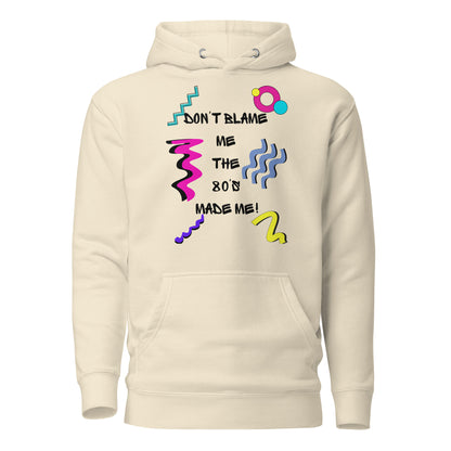 Retro 80s unisex graphic hoodie with colorful abstract design – Don’t Blame Me slogan by Hipyfi Clothes & Design. bone-front-2