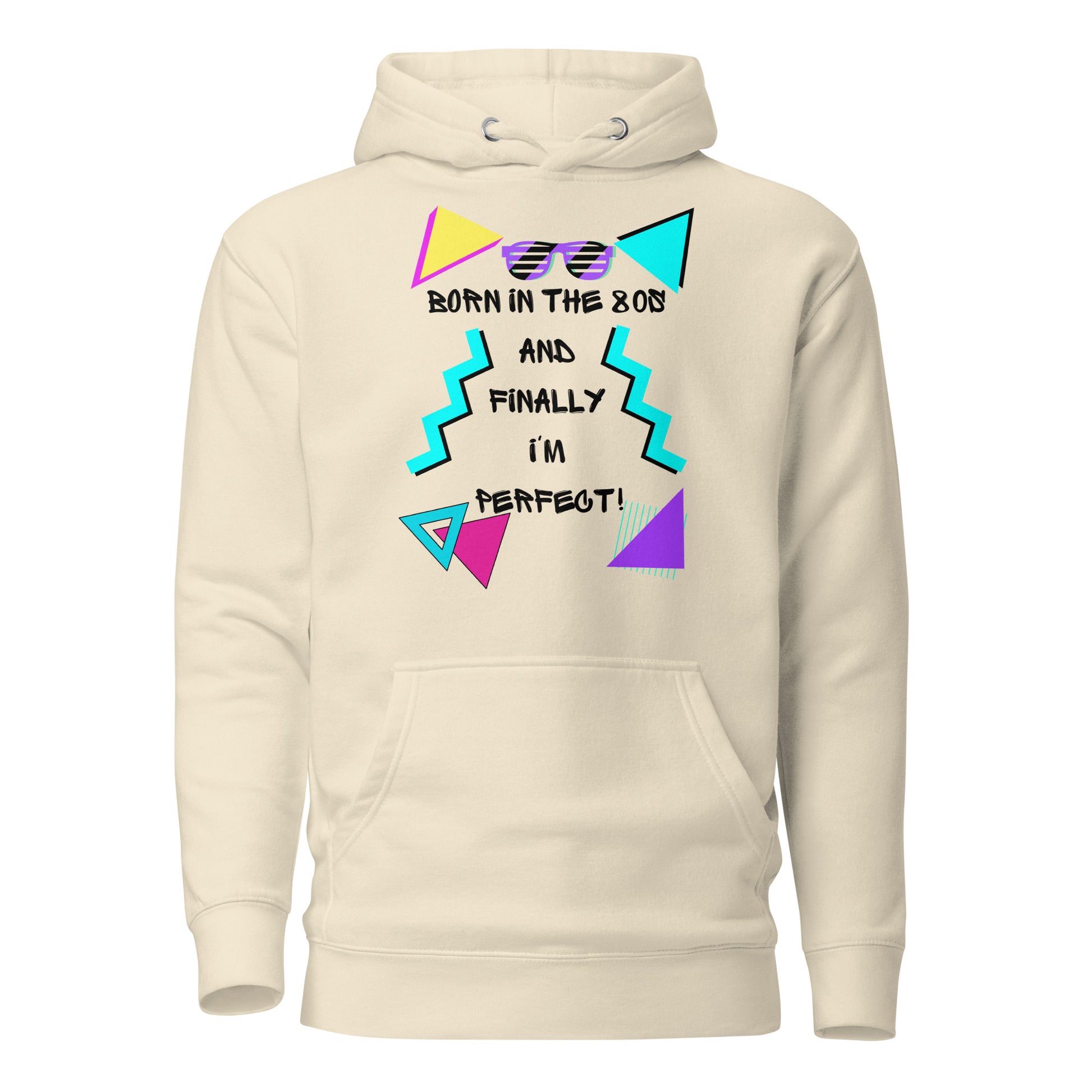 Hipyfi Premium 80s Neon Graphic Hoodie – Unisex Retro Pop Culture Design, Vibrant 80s-inspired geometric graphics. bone-front-2