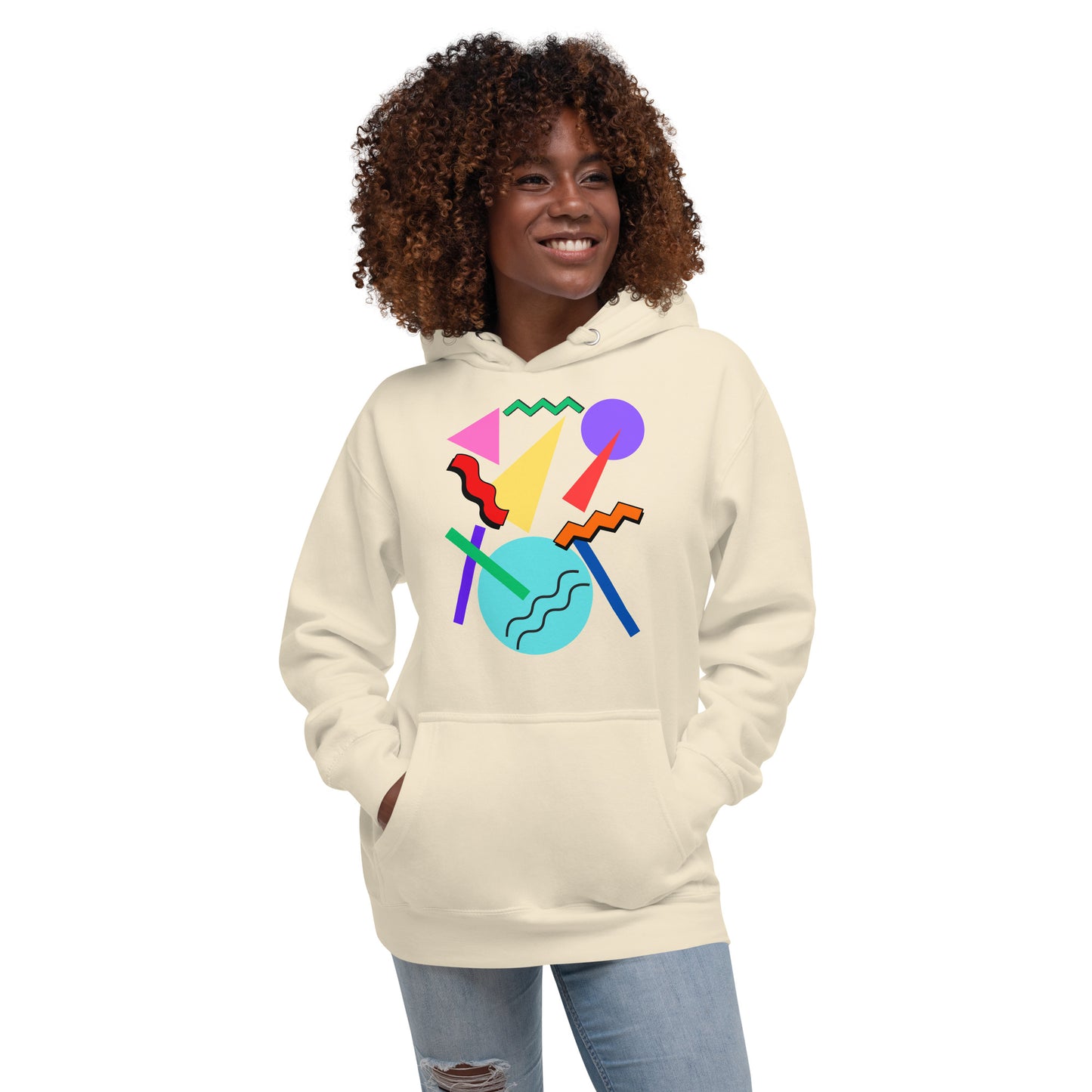 Retro Pop Memphis Hoodie with colorful geometric abstract design – unisex streetwear by Hipyfi Clothes & Design. bone-front