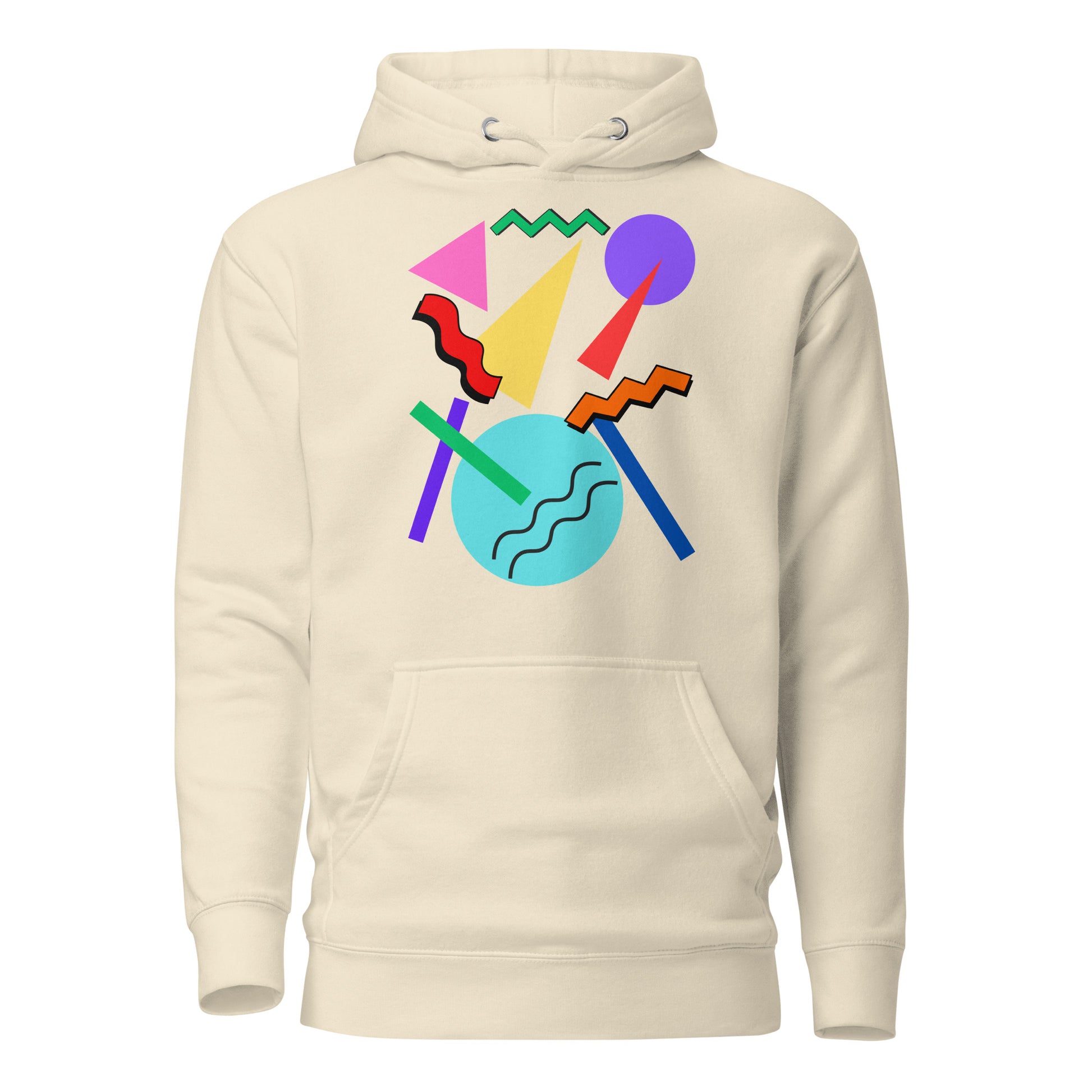 Retro Pop Memphis Hoodie with colorful geometric abstract design – unisex streetwear by Hipyfi Clothes & Design. bone-front-2