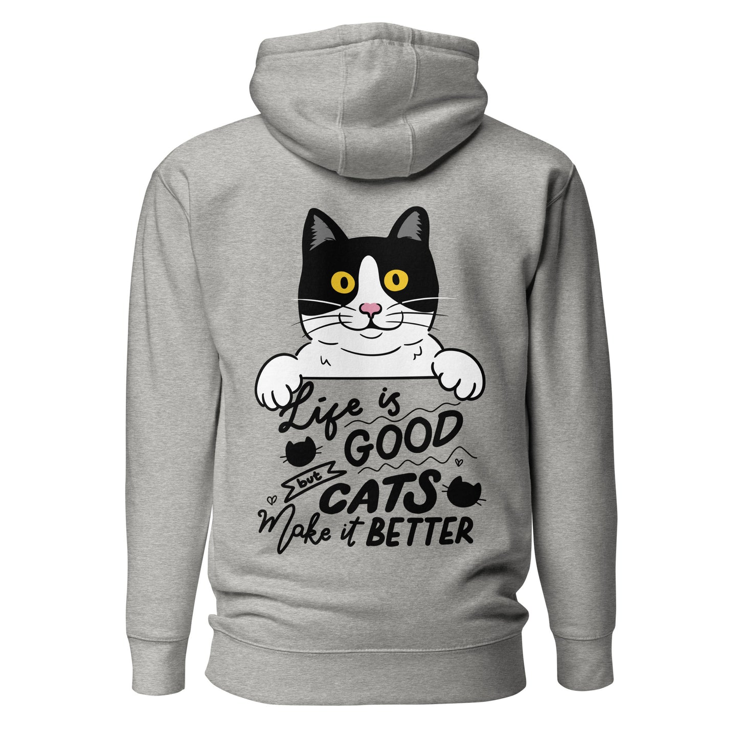 Unisex premium cat hoodie with cartoon black-and-white cat and “Life is Better With Cats” quote – Hipyfi Clothes & Design. carbon-grey-back-2