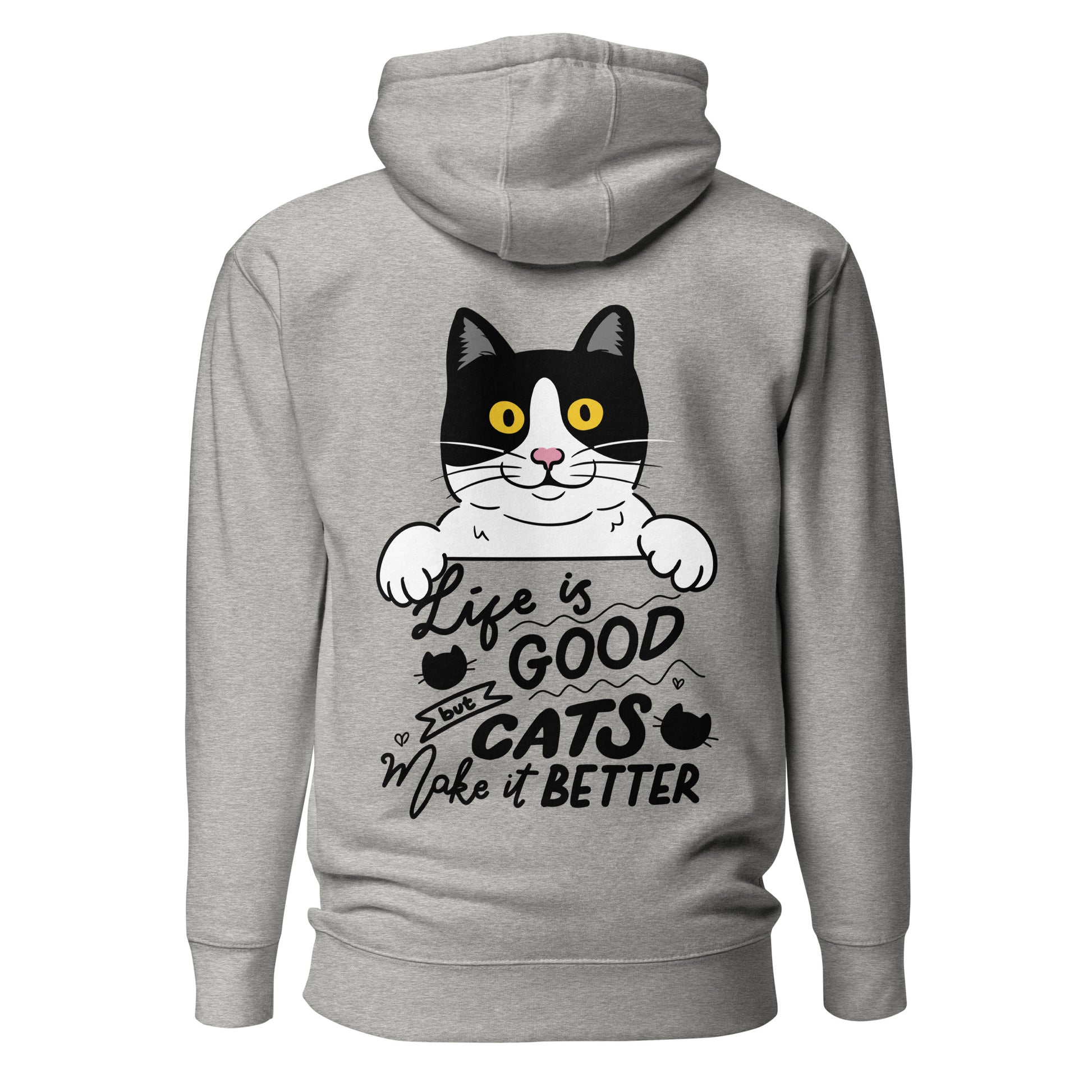Unisex premium cat hoodie with cartoon black-and-white cat and “Life is Better With Cats” quote – Hipyfi Clothes & Design. carbon-grey-back-2