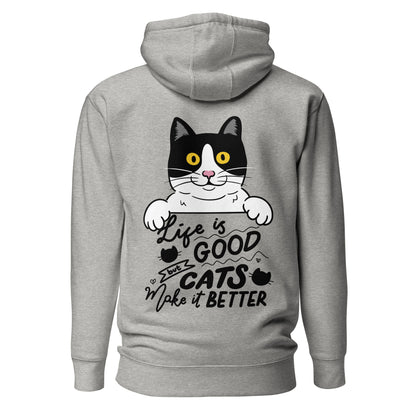 Unisex premium cat hoodie with cartoon black-and-white cat and “Life is Better With Cats” quote – Hipyfi Clothes & Design. carbon-grey-back-2