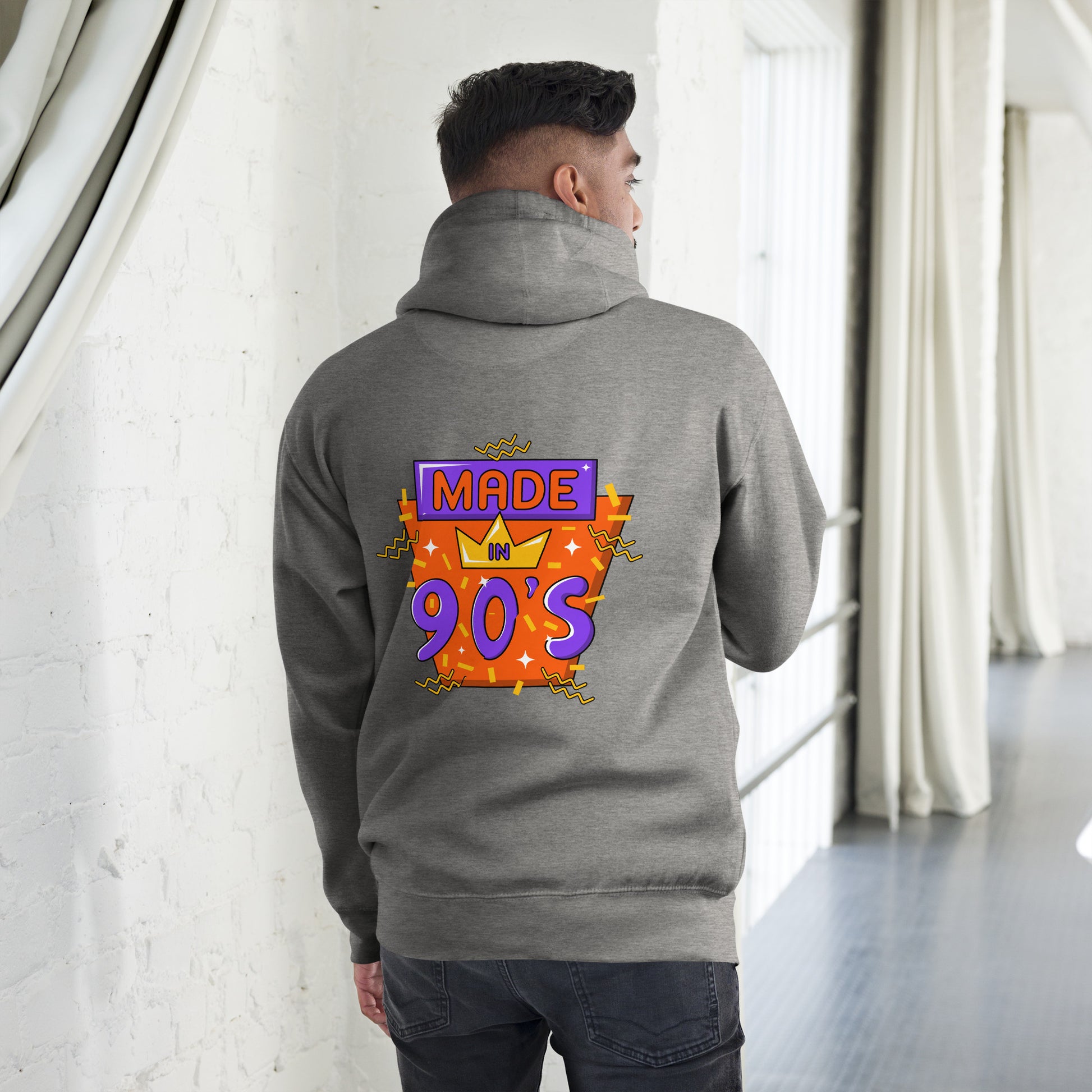 Back to 90s retro unisex graphic hoodie with colorful vintage design – Hipyfi Clothes & Design. carbon-grey-back
