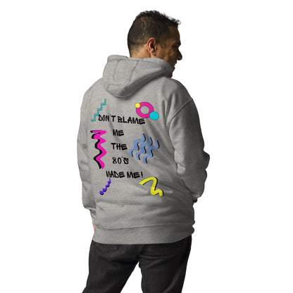 Unisex 80s graphic hoodie with retro slogan – Made in the 80s Vibes by Hipyfi Clothes & Design. carbon-grey-back