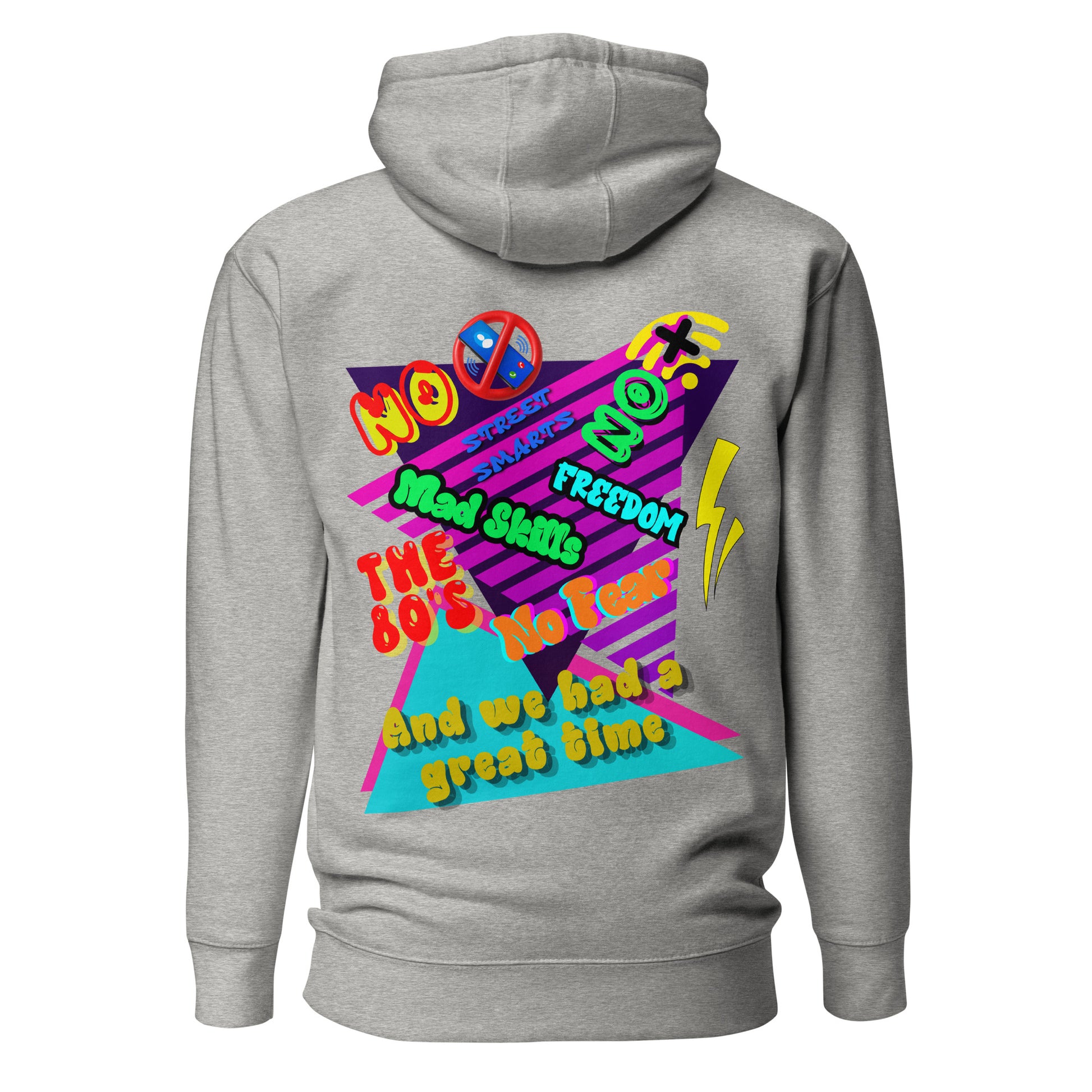 Unisex retro 80s graffiti hoodie with neon colors and streetwear design by Hipyfi Clothes & Design carbon-grey-back-2