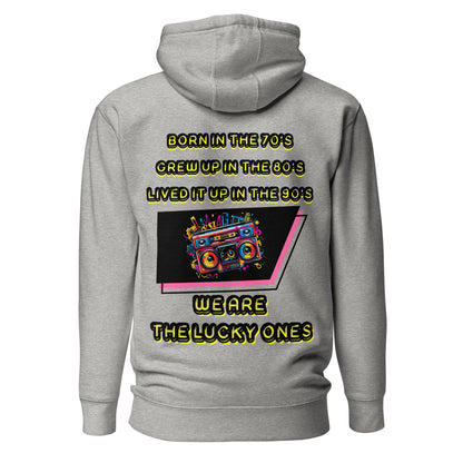 Retro graphic unisex hoodie with 70s 80s 90s boombox design by Hipyfi – vintage streetwear style. carbon-grey-back-2