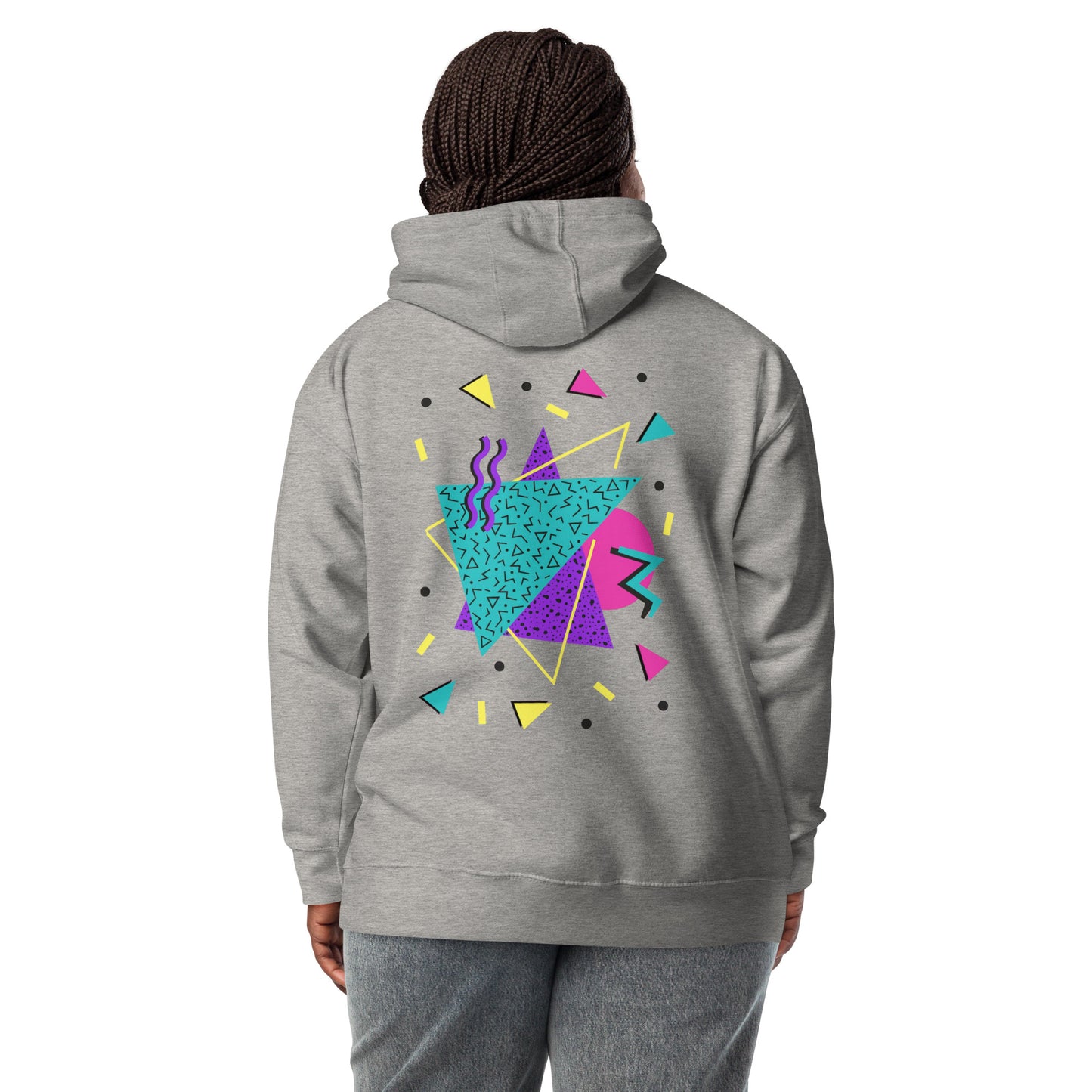 Retro Pop Memphis Hoodie with colorful geometric abstract design – unisex streetwear by Hipyfi Clothes & Design. carbon-grey-back