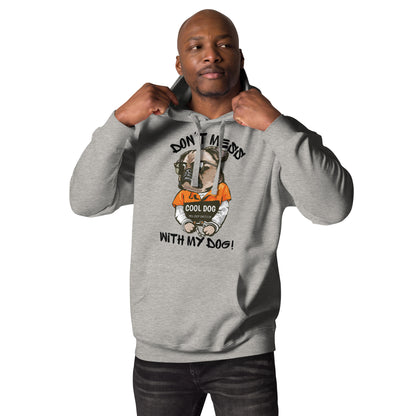 Funny pug mugshot graphic on unisex streetwear hoodie – Cool Dog design by Hipyfi Clothes & Design. carbon-grey-front
