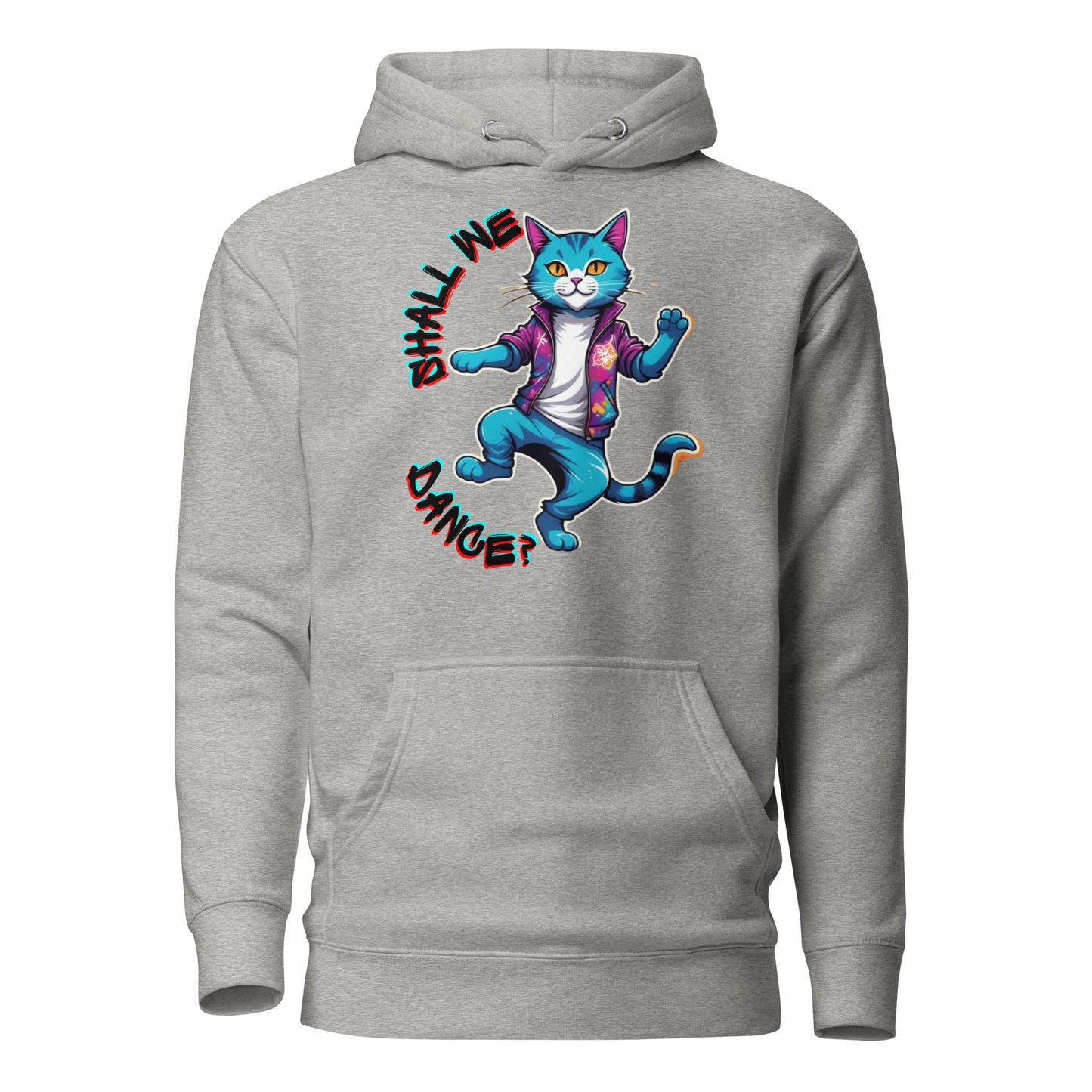 Hipyfi Unisex Premium Hoodie with Vibrant Dance Cat Graphic - Streetwear Style, Soft Cotton Blend, Front Pouch Pocket and Cozy Hood. carbon-grey-front-2