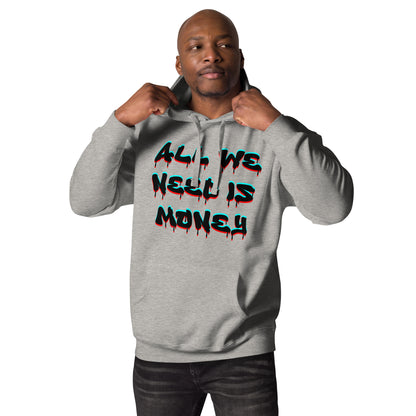 Unisex graffiti hoodie with 3D dripping text – ALL WE NEED IS MONEY design by Hipyfi Clothes & Design. carbon-grey-front