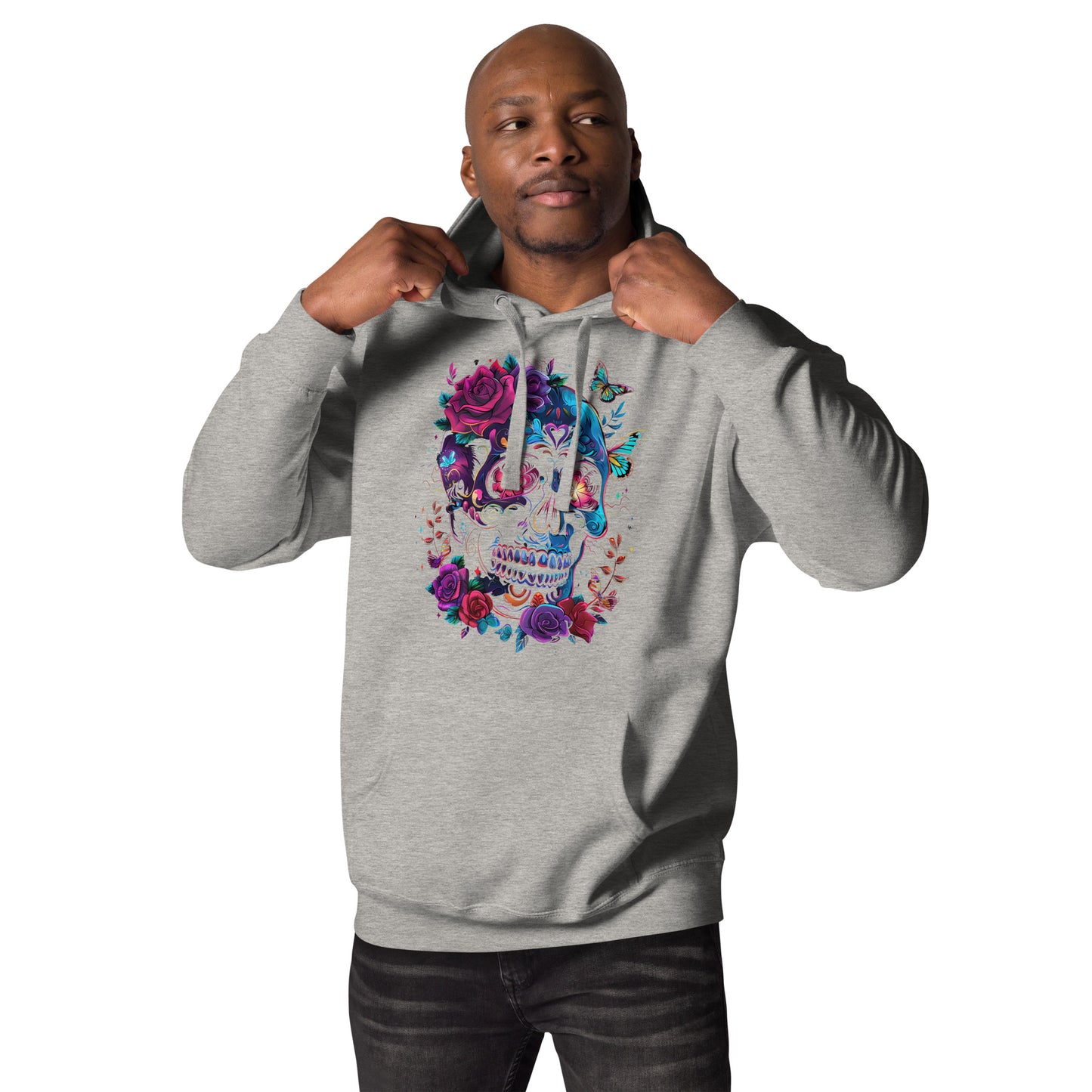 Unisex Skull & Roses Hoodie with Colorful Floral and Butterfly Graphic – Día de los Muertos Streetwear by Hipyfi Clothes & Design. carbon-grey-front