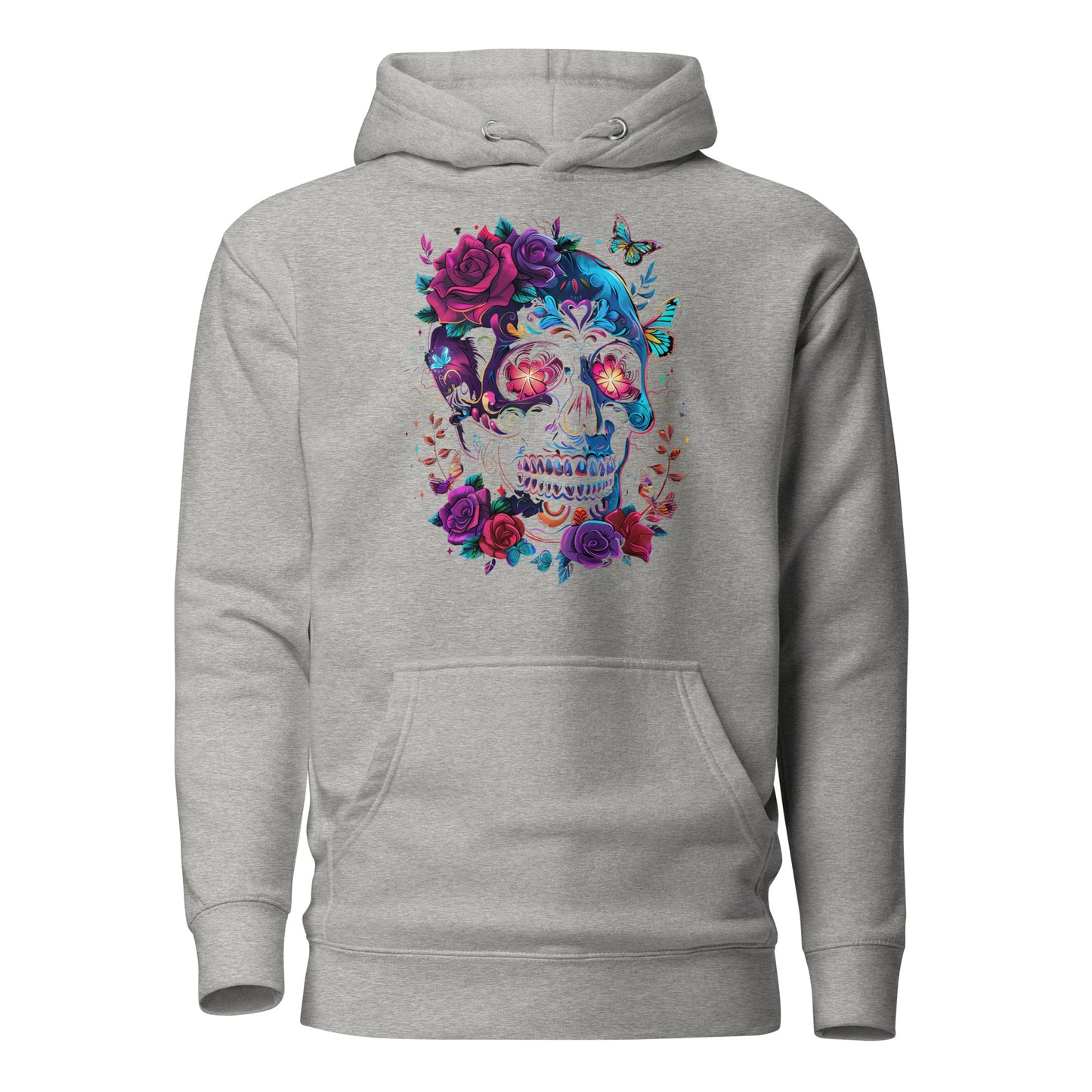 Unisex Skull & Roses Hoodie with Colorful Floral and Butterfly Graphic – Día de los Muertos Streetwear by Hipyfi Clothes & Design. carbon-grey-front-2
