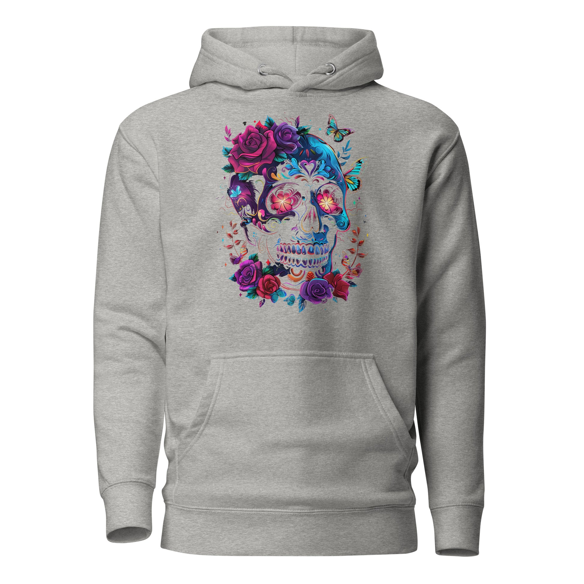 Unisex Skull & Roses Hoodie with Colorful Floral and Butterfly Graphic – Día de los Muertos Streetwear by Hipyfi Clothes & Design. carbon-grey-front-2