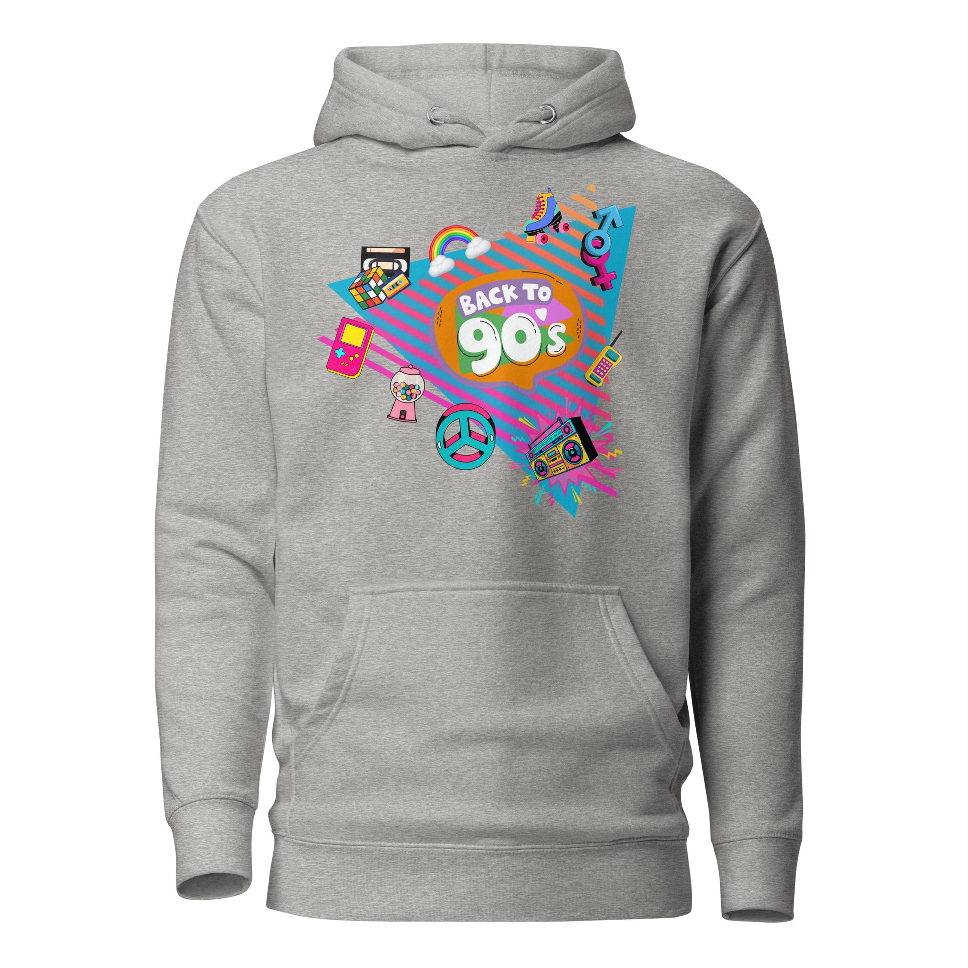 Back to 90s retro unisex graphic hoodie with colorful vintage design – Hipyfi Clothes & Design. carbon-grey-front-2