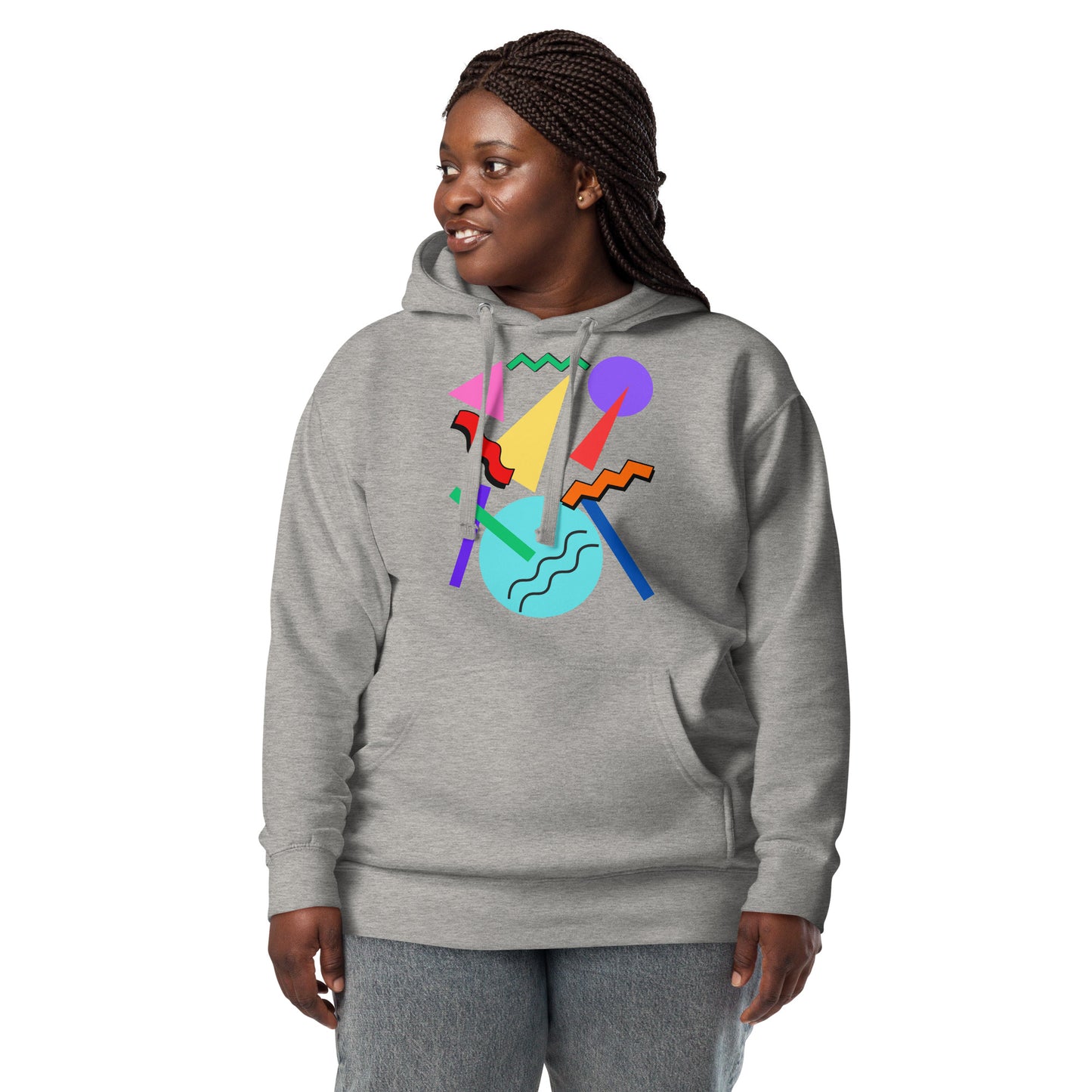 Retro Pop Memphis Hoodie with colorful geometric abstract design – unisex streetwear by Hipyfi Clothes & Design. carbon-grey-front