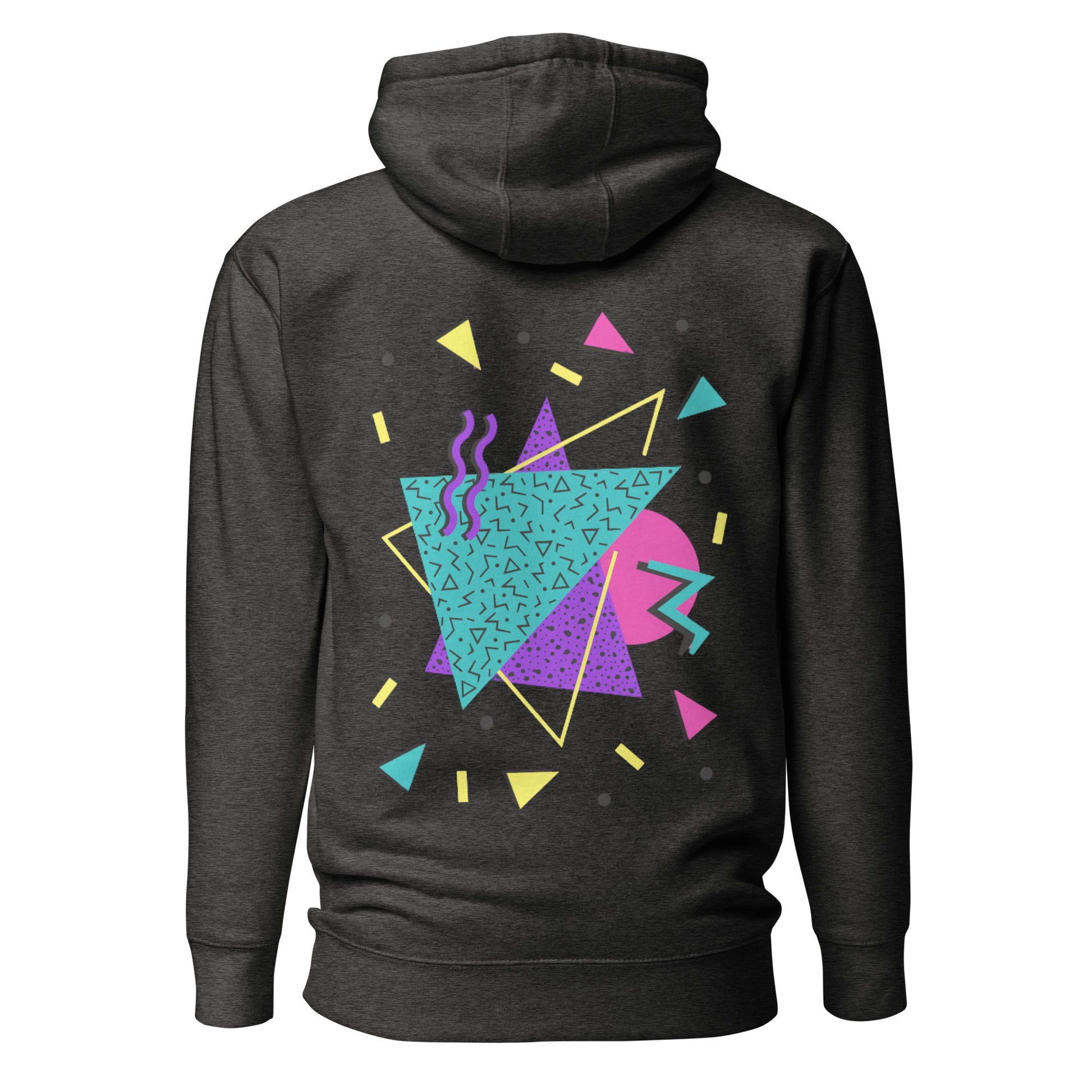 Retro Pop Memphis Hoodie with colorful geometric abstract design – unisex streetwear by Hipyfi Clothes & Design. charcoal-heather-back-2