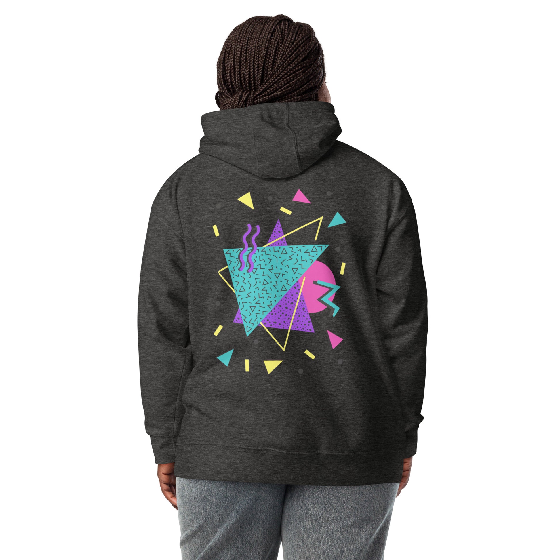 Retro Pop Memphis Hoodie with colorful geometric abstract design – unisex streetwear by Hipyfi Clothes & Design. charcoal-heather-back