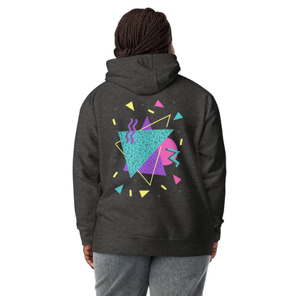 Retro Pop Memphis Hoodie with colorful geometric abstract design – unisex streetwear by Hipyfi Clothes & Design. charcoal-heather-back