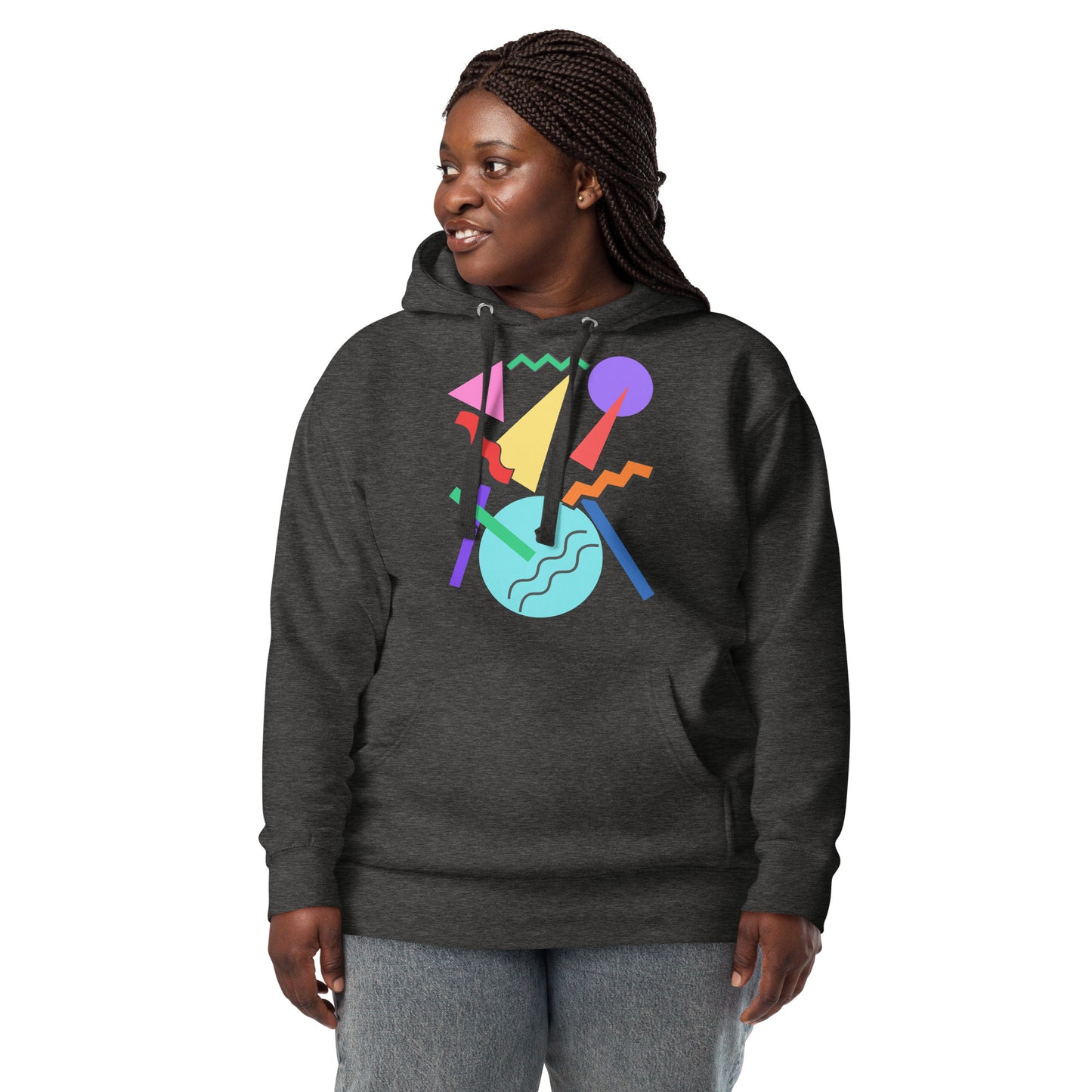 Retro Pop Memphis Hoodie with colorful geometric abstract design – unisex streetwear by Hipyfi Clothes & Design. charcoal-heather-front