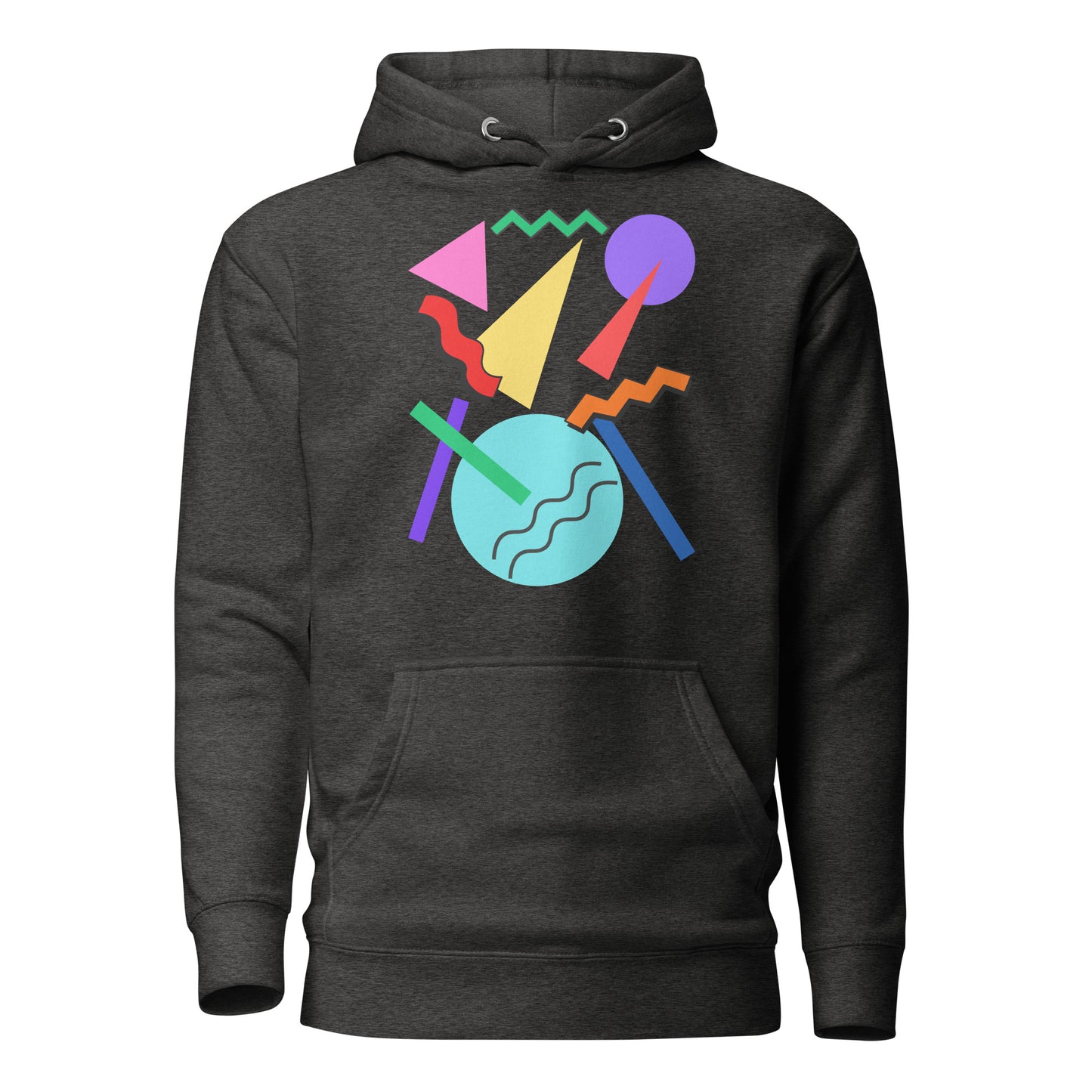 Retro Pop Memphis Hoodie with colorful geometric abstract design – unisex streetwear by Hipyfi Clothes & Design. charcoal-heather-front-2