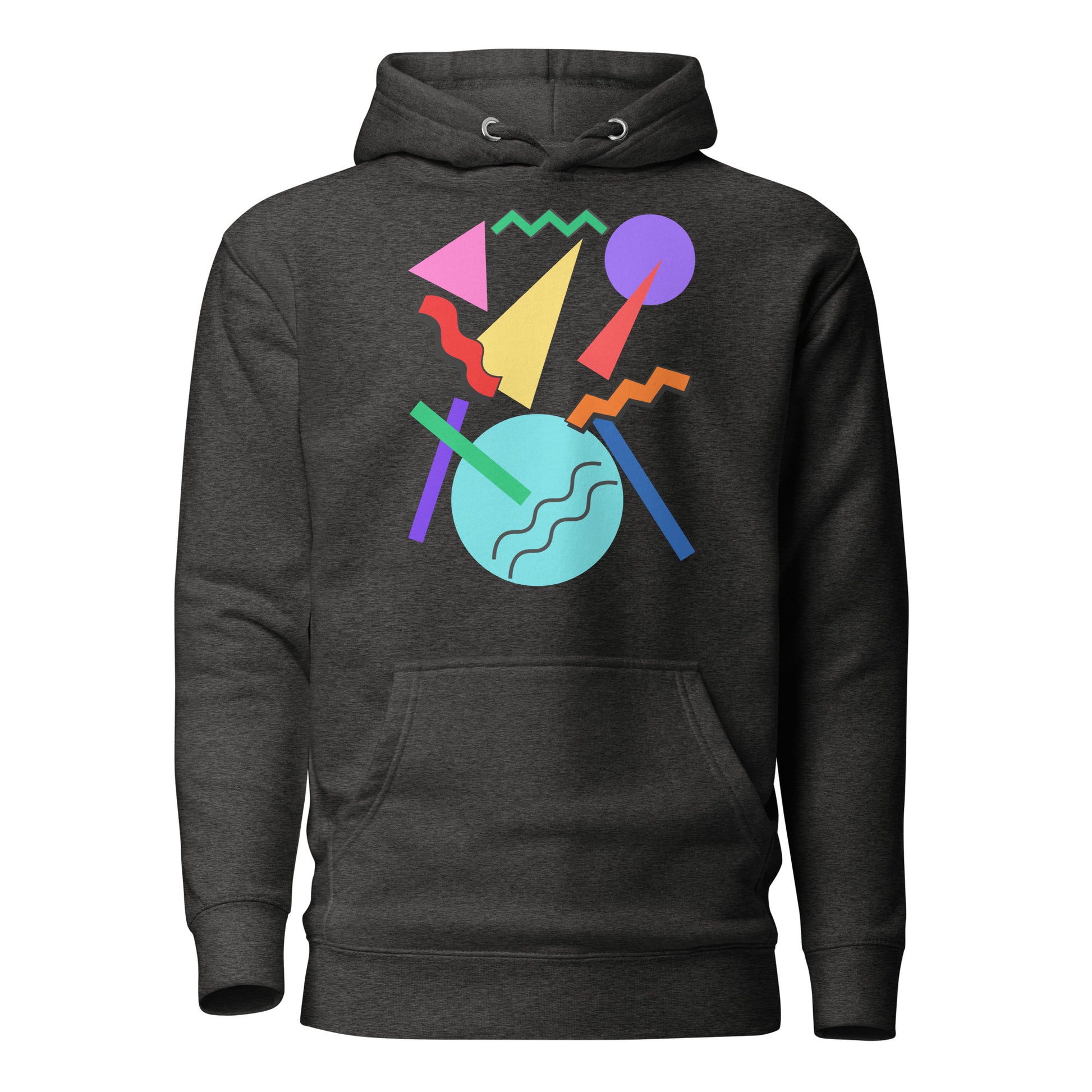 Retro Pop Memphis Hoodie with colorful geometric abstract design – unisex streetwear by Hipyfi Clothes & Design. charcoal-heather-front-2