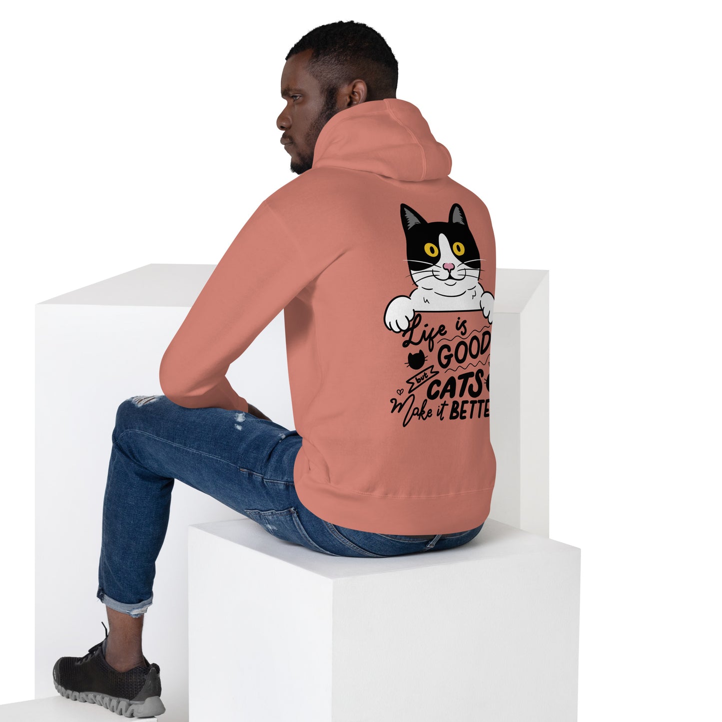 Unisex premium cat hoodie with cartoon black-and-white cat and “Life is Better With Cats” quote – Hipyfi Clothes & Design. dusty-rose-back