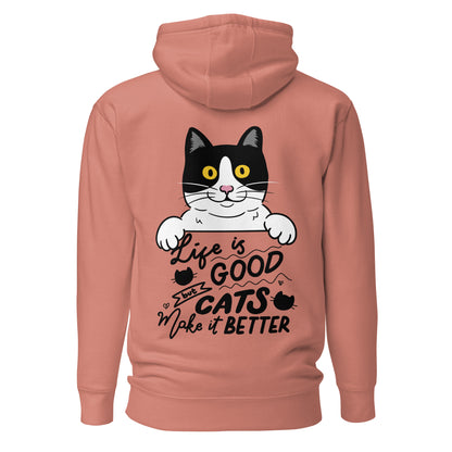 Unisex premium cat hoodie with cartoon black-and-white cat and “Life is Better With Cats” quote – Hipyfi Clothes & Design. dusty-rose-back-2