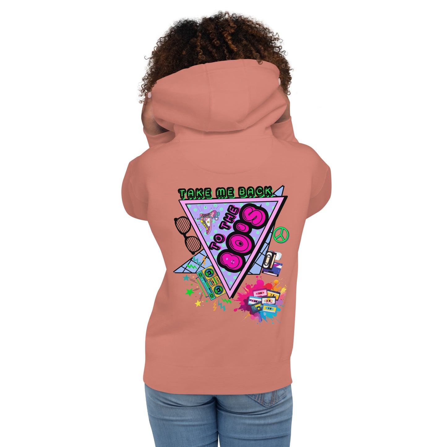Hipyfi 80s Neon Graphic Hoodie – Unisex Retro Design with Vibrant 80s Pop Culture Graphic. dusty-rose-back