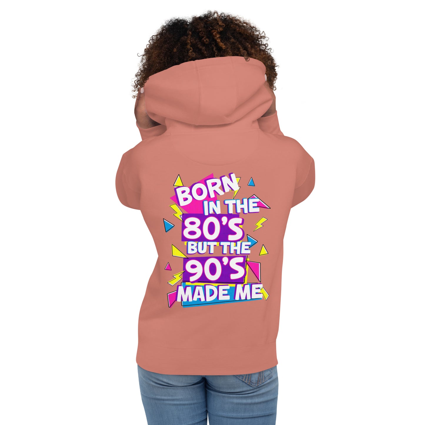 Unisex retro hoodie with bold 80s and 90s neon graphic design – Hipyfi streetwear. dusty-rose-back