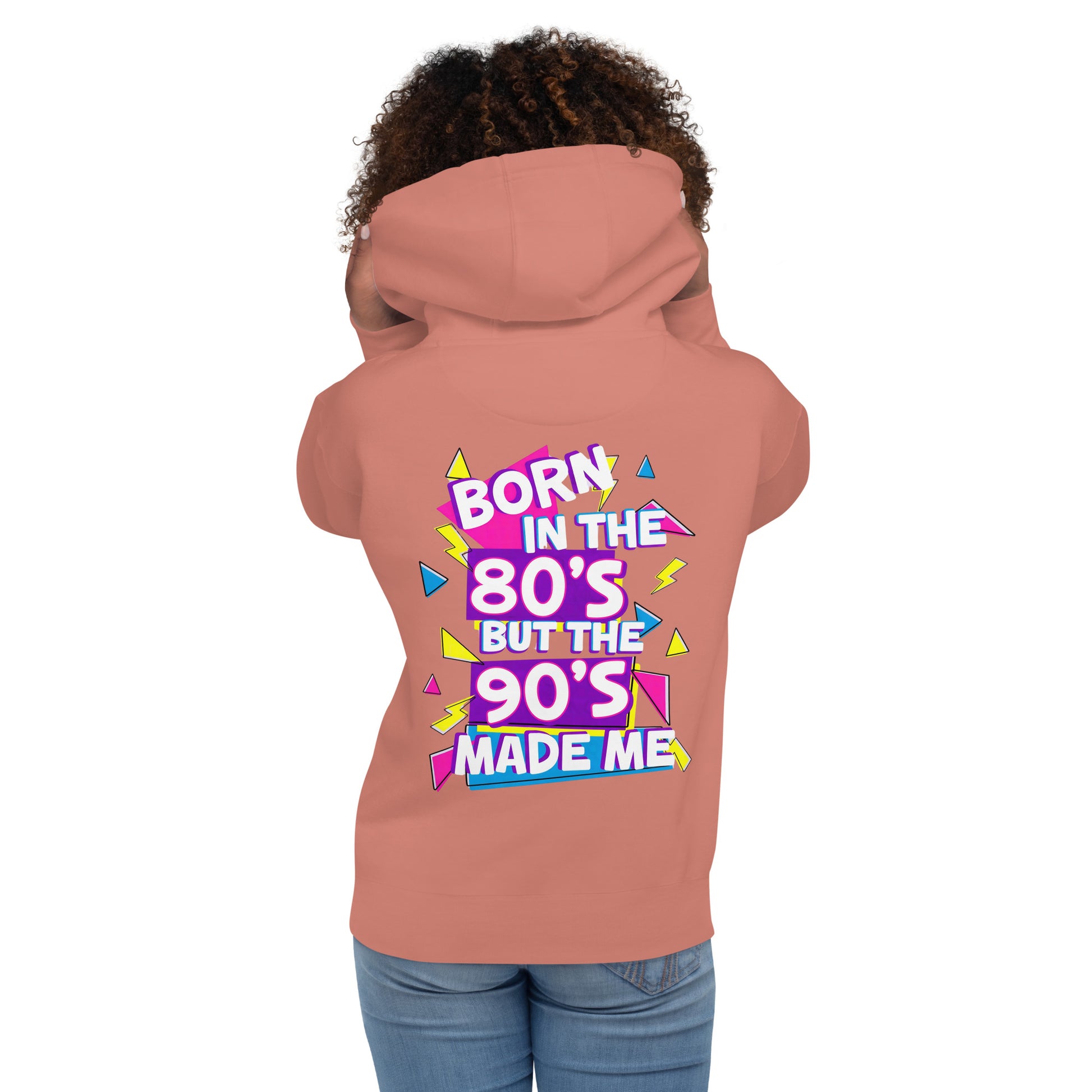 Unisex retro hoodie with bold 80s and 90s neon graphic design – Hipyfi streetwear. dusty-rose-back