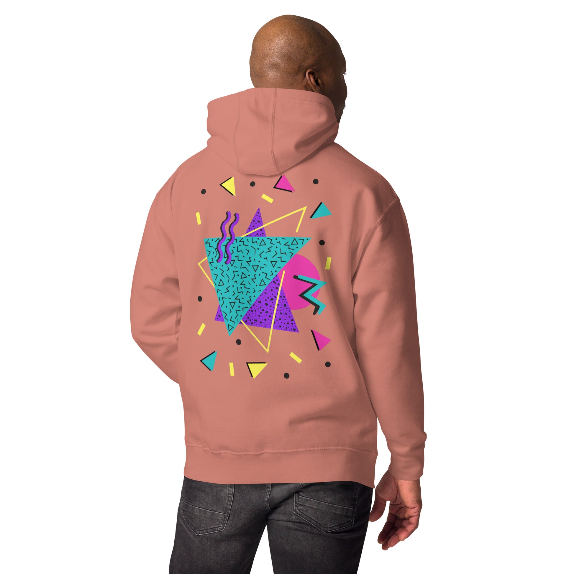 Retro Pop Memphis Hoodie with colorful geometric abstract design – unisex streetwear by Hipyfi Clothes & Design. dusty-rose-back