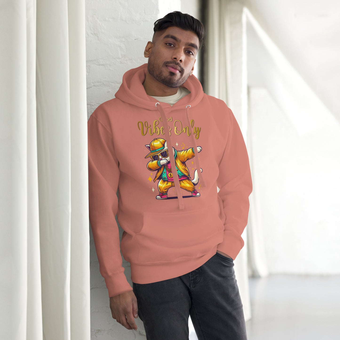Unisex Good Vibes Cat Hoodie featuring a dabbing cat in hip-hop streetwear – premium graphic hoodie by Hipyfi Clothes & Design. dusty-rose-front