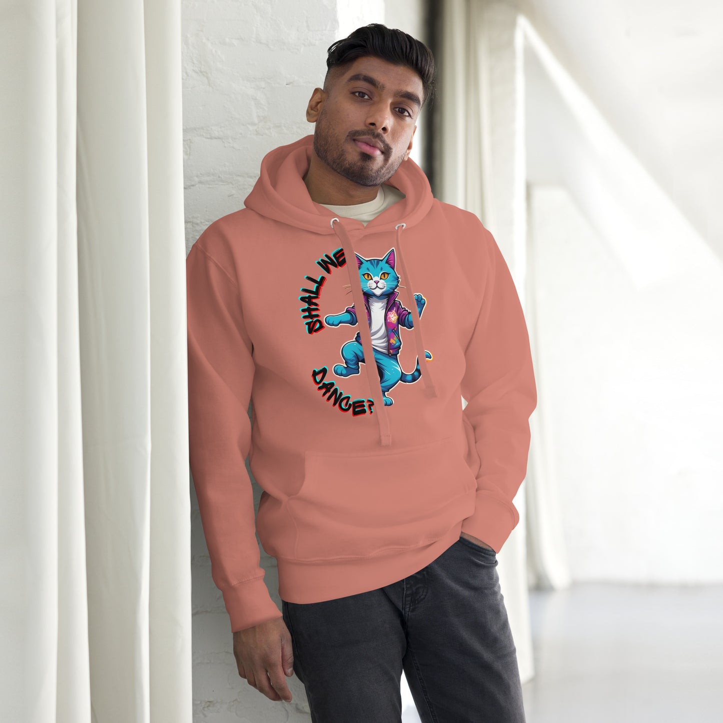 Hipyfi Unisex Premium Hoodie with Vibrant Dance Cat Graphic - Streetwear Style, Soft Cotton Blend, Front Pouch Pocket and Cozy Hood. dusty-rose-front