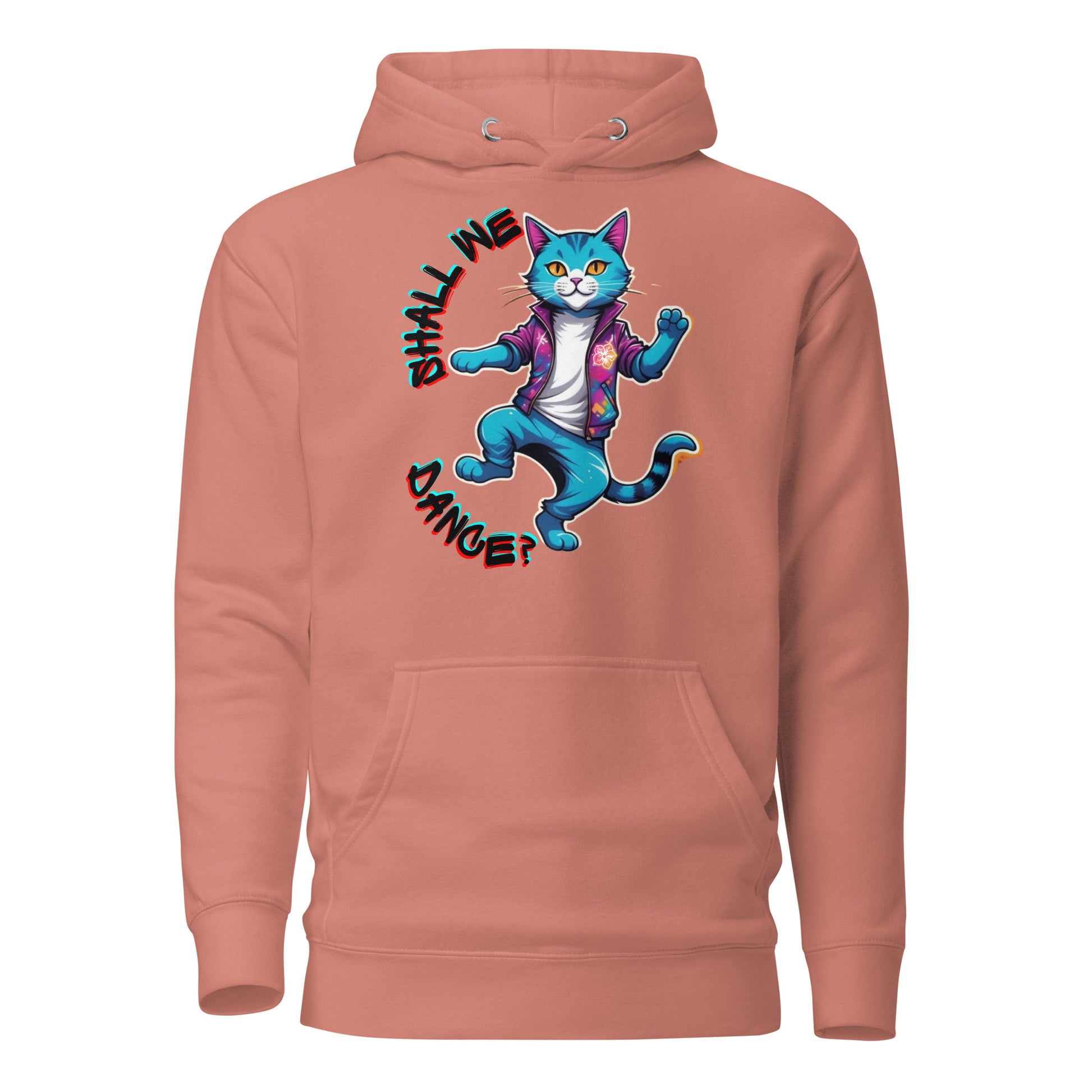 Hipyfi Unisex Premium Hoodie with Vibrant Dance Cat Graphic - Streetwear Style, Soft Cotton Blend, Front Pouch Pocket and Cozy Hood. dusty-rose-front-2