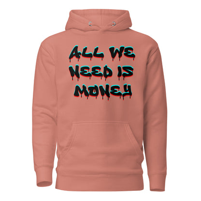 Unisex graffiti hoodie with 3D dripping text – ALL WE NEED IS MONEY design by Hipyfi Clothes & Design. dusty-rose-front-2