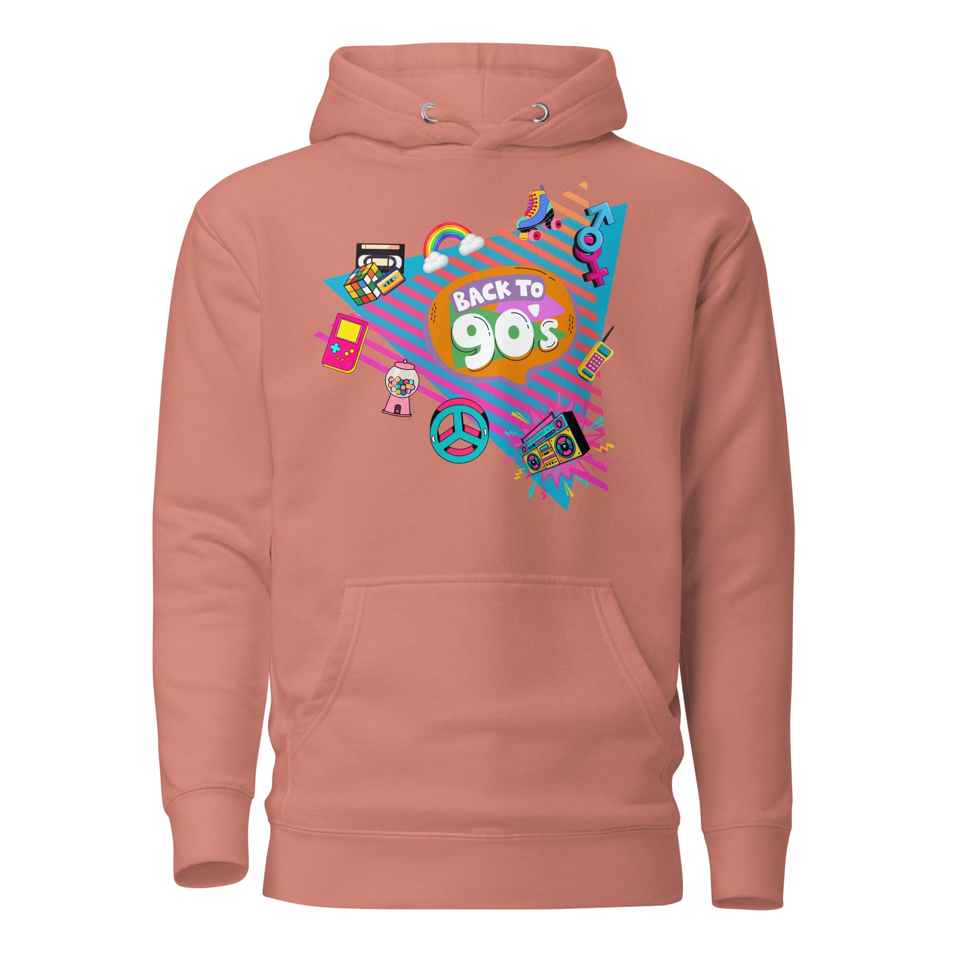 Back to 90s retro unisex graphic hoodie with colorful vintage design – Hipyfi Clothes & Design. dusty-rose-front-2