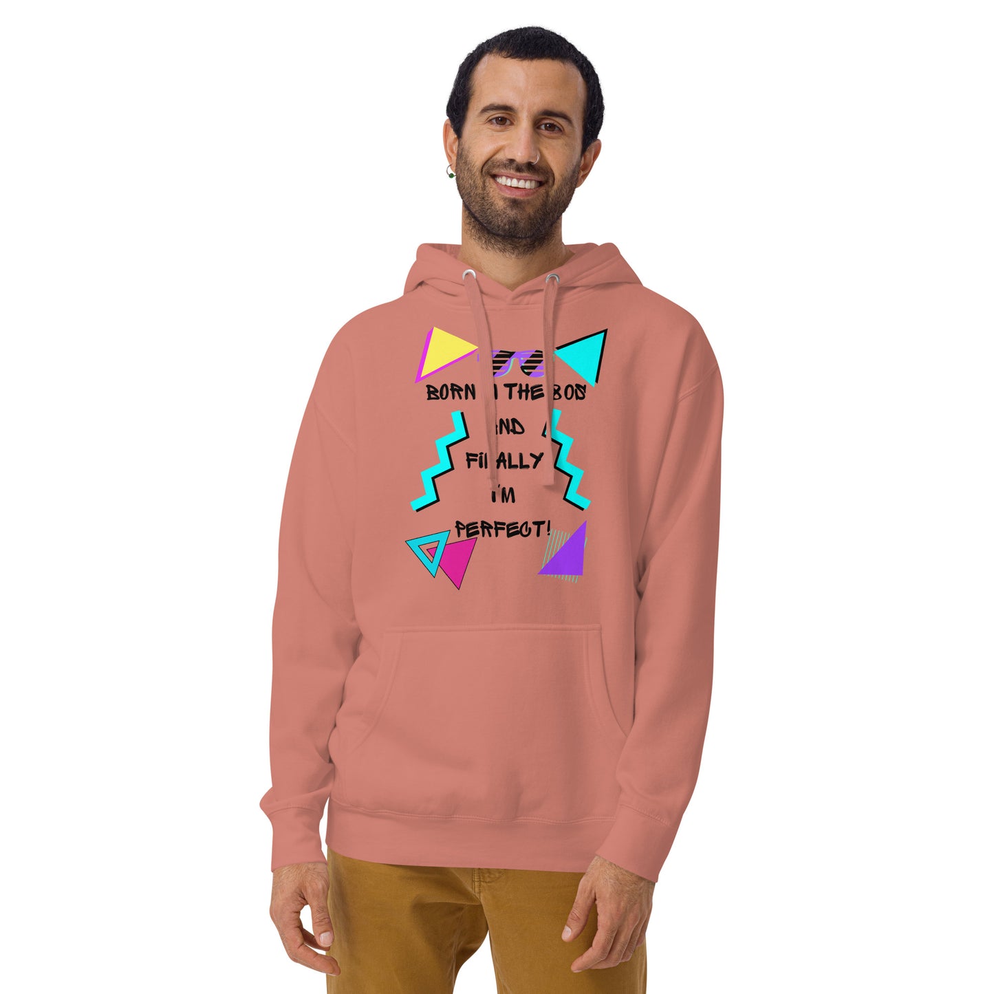 Hipyfi Premium 80s Neon Graphic Hoodie – Unisex Retro Pop Culture Design, Vibrant 80s-inspired geometric graphics. dusty-rose-front