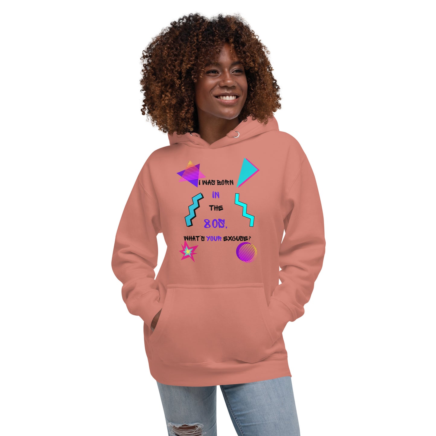 Unisex retro hoodie with bold 80s and 90s neon graphic design – Hipyfi streetwear. dusty-rose-front
