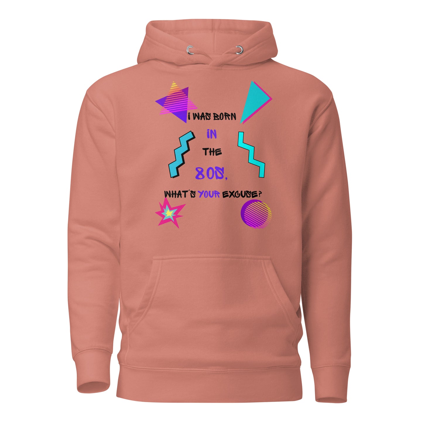 Unisex retro hoodie with bold 80s and 90s neon graphic design – Hipyfi streetwear. dusty-rose-front-2